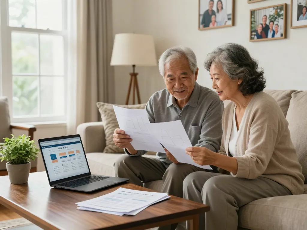 Couple discussing reverse mortgages in a cozy living room, surrounded by financial planning documents.