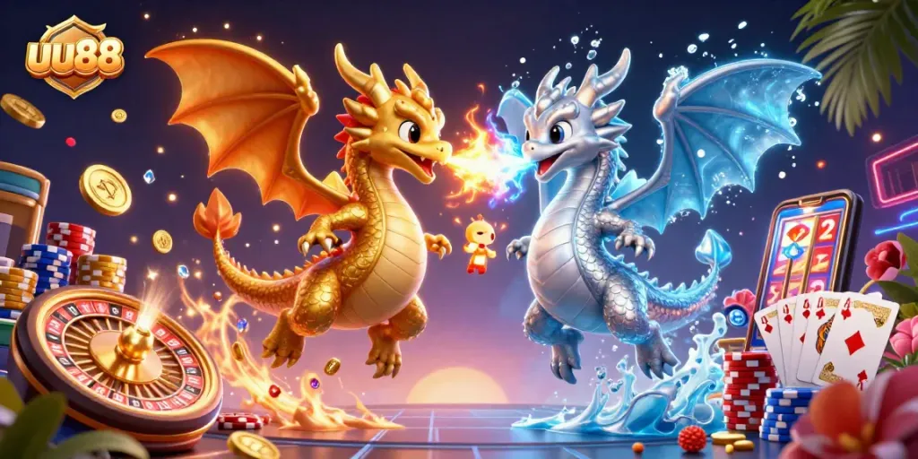 Spin winning slots, explore uu88’s thrilling casino games with vibrant dragons and gold coins!