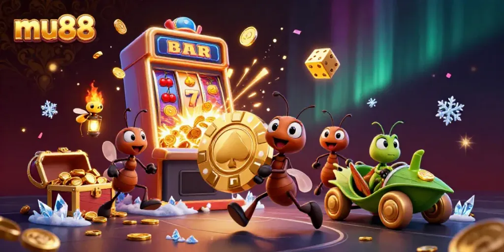 Mu88 ants heist with oversized poker chip and bold casino elements giving a vibrant and thrilling atmosphere.