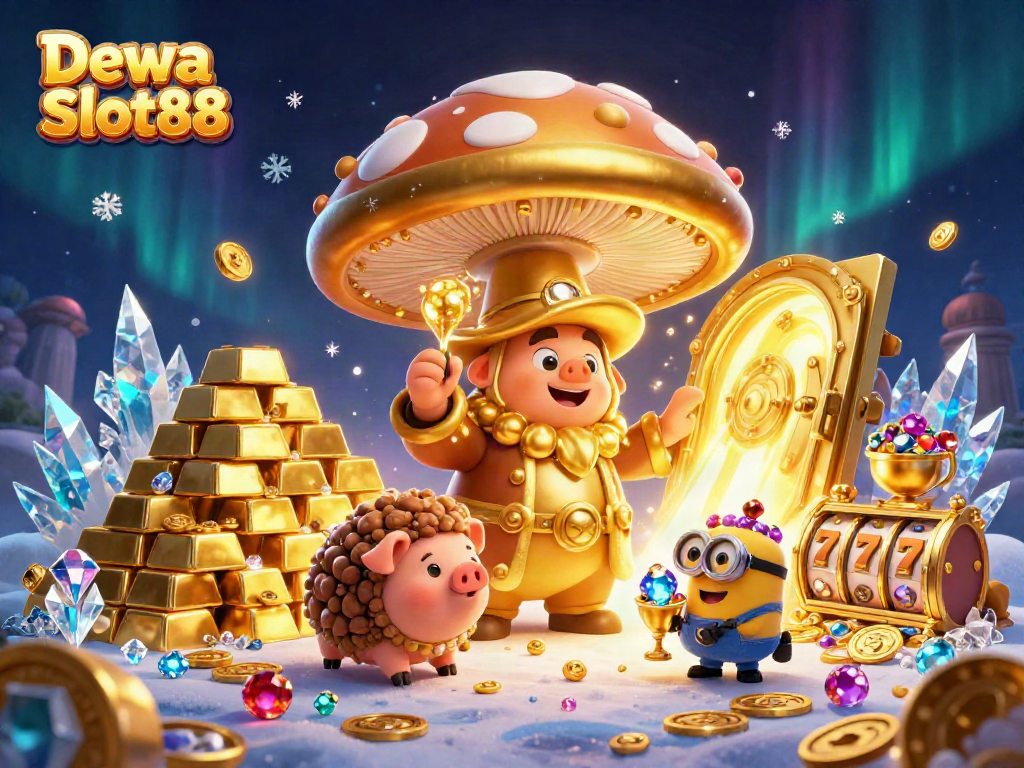 Dewa Slot88 presents a vibrant scene of a golden mushroom wizard with a treasure pig and treasures, depicting thrilling slot action.