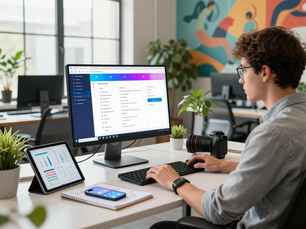 AI tool directory displayed on a monitor in a modern workspace with tech gadgets and natural light.