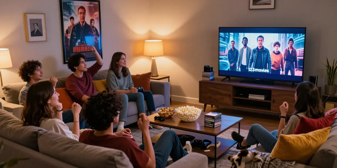 A cozy group watching a movie on 123movies, with snacks and warm lighting in a living room.