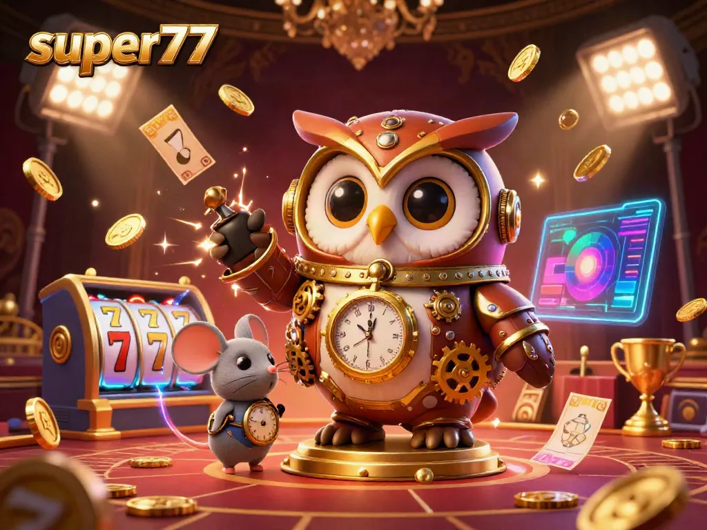 Engage with super77 as the cartoon owl navigates a lively slot machine casino scene.