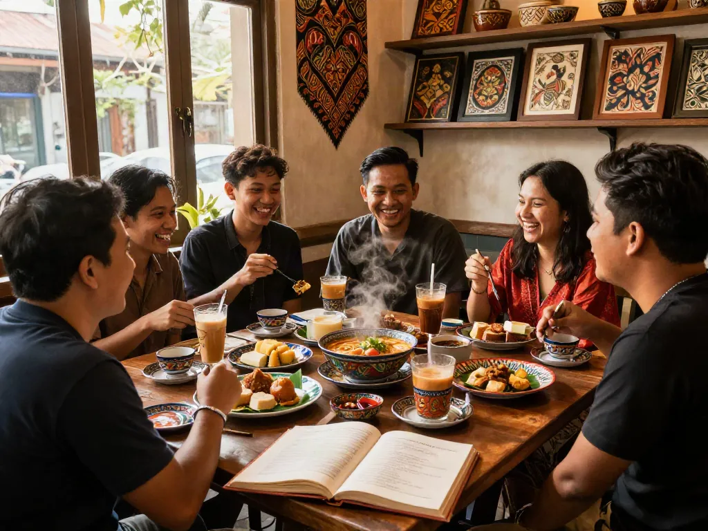 Nyonya4d cultural experience with friends enjoying traditional Peranakan delicacies in a cozy coffee house