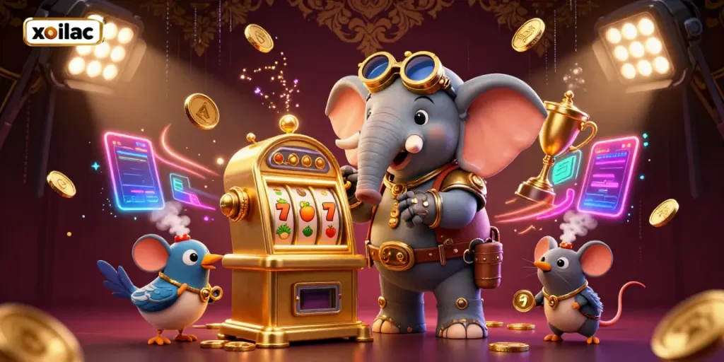 Xoilac TV showcases a lively steampunk elephant engineer spinning a golden slot machine amid vibrant gaming elements.