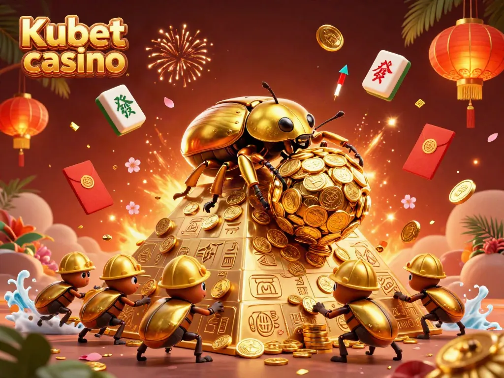 Experience the excitement of Kubet casino with a vibrant scene of golden characters and casino elements.