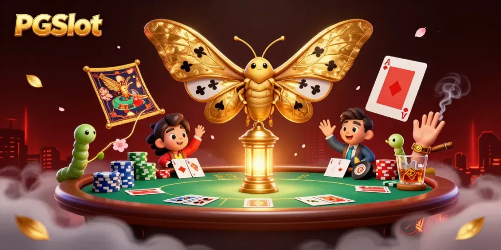 Experience thrilling PGSlot action with a majestic atlas moth and vibrant casino elements.