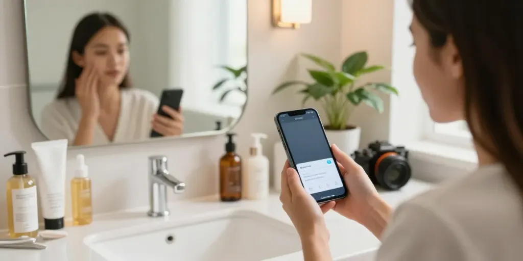 Young woman using facial analysis app in a modern bathroom, exploring alternatives to QOVES.