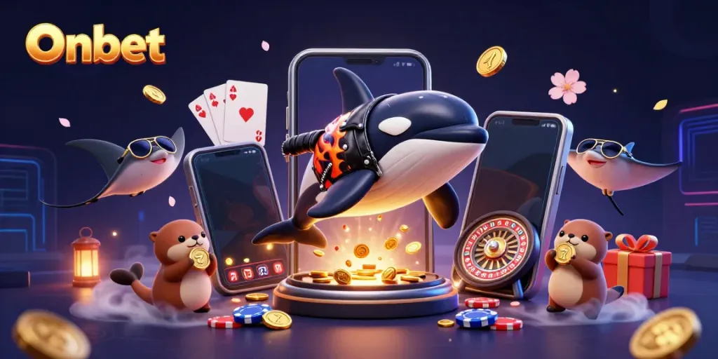 Join the fun with Onbet's vivid illustration featuring an orca in a biker jacket, showcasing thrilling slot action and championship vibes.