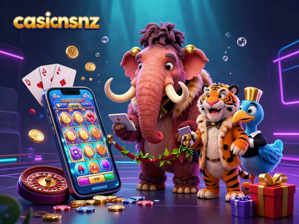 Experience the excitement of casinosnz with our vibrant 3D illustration featuring engaging characters and game elements.