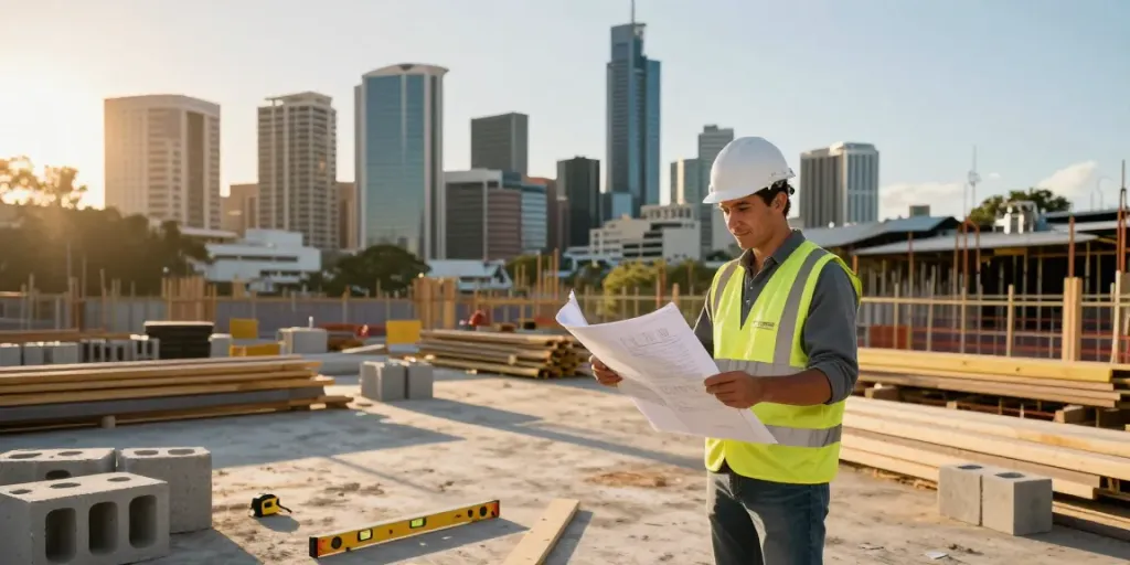 Builder reviewing blueprints at a Brisbane construction site, highlighting constructions loans Brisbane opportunities.