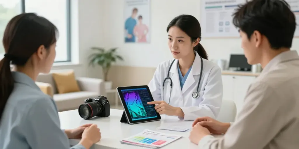 Patientengespräch zur Röntgenreizbestrahlung in der Nähe in moderner Radiologiepraxis.