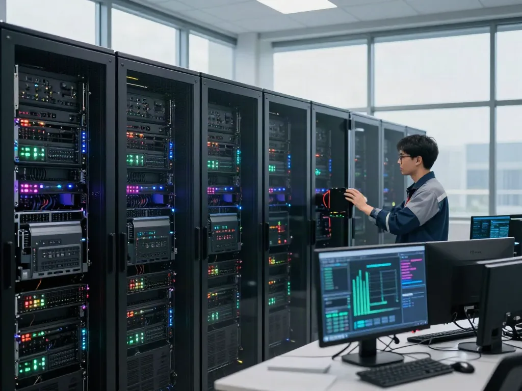 AI data center featuring GPU servers processing data with technicians monitoring systems.