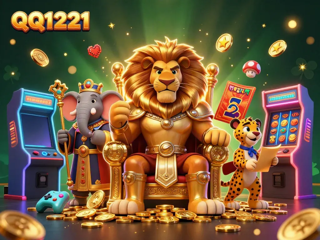 Play thrilling slots on QQ1221 with lush 3D gaming elements in a vibrant casino scene.