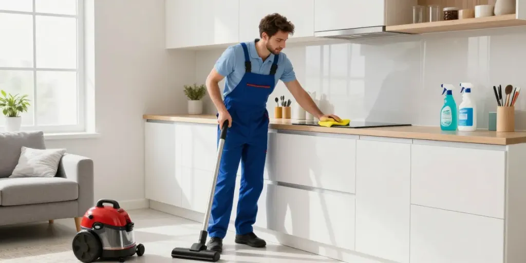 End of lease cleaning in Melbourne with a professional cleaner ensuring a spotless kitchen.