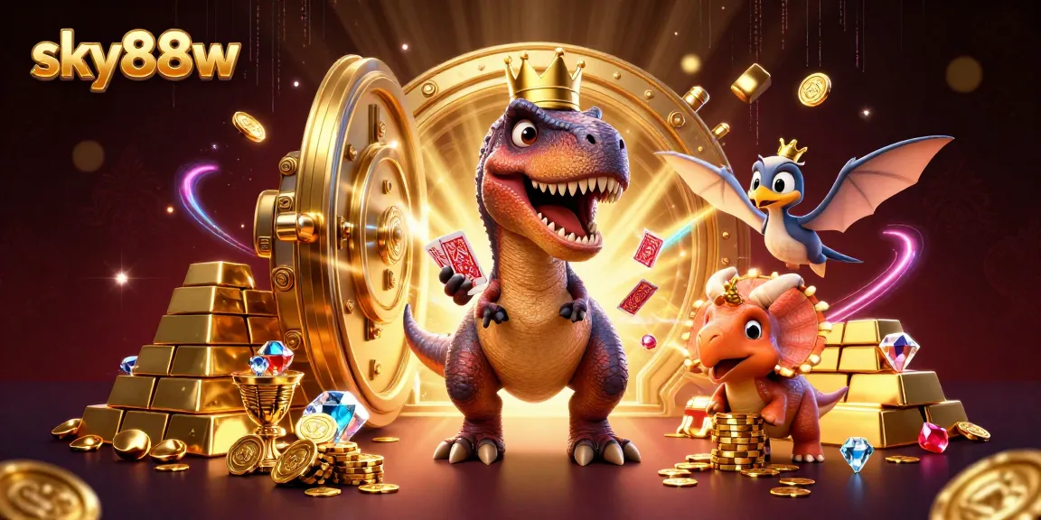 Enjoy vibrant gameplay at sky88w with a colorful 3D illustration of a casino scene featuring a T-Rex and friends.