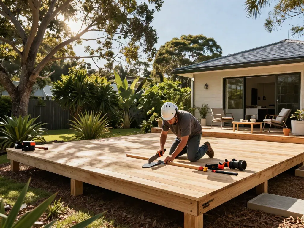 Deck Builders Manly creating a custom timber deck in a lush outdoor setting, showcasing skilled craftsmanship.