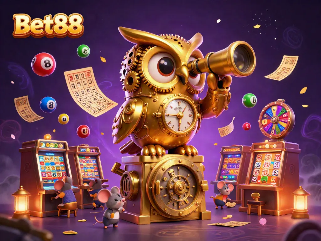 Experience thrilling gaming with Bet88's enchanting golden owl overseeing a vibrant casino scene.