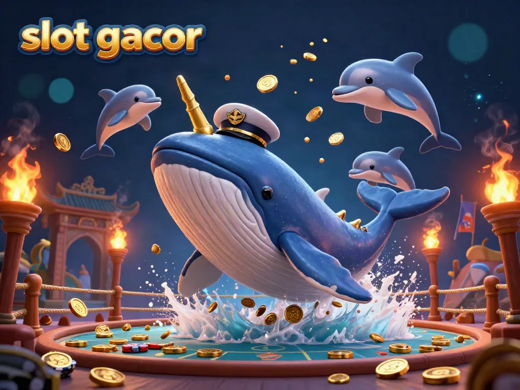 Engage with exciting slot gacor games, featuring a playful dolphin tossing poker chips in a vibrant casino scene.