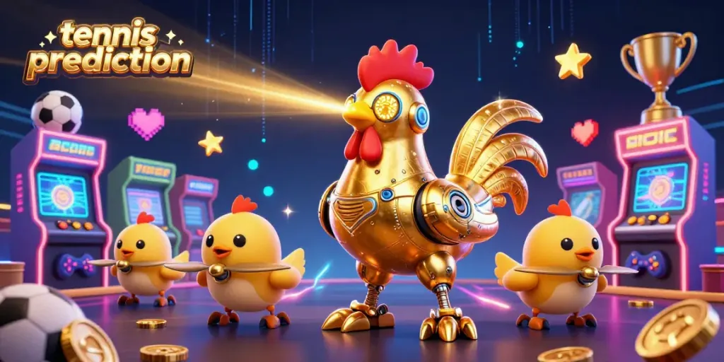 Tennis prediction scene showcasing the golden rooster robot and chick drones amidst sports betting elements