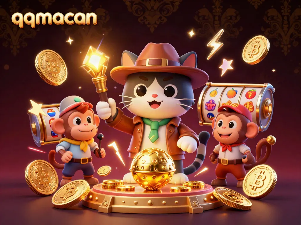 Spin to win with qqmacan, featuring an explorer cat and monkey amidst vibrant casino treasures.