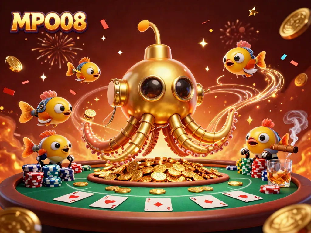 MPO08 showcases a vibrant scene with a golden kraken submarine amidst poker elements and a wealth of golden coins.
