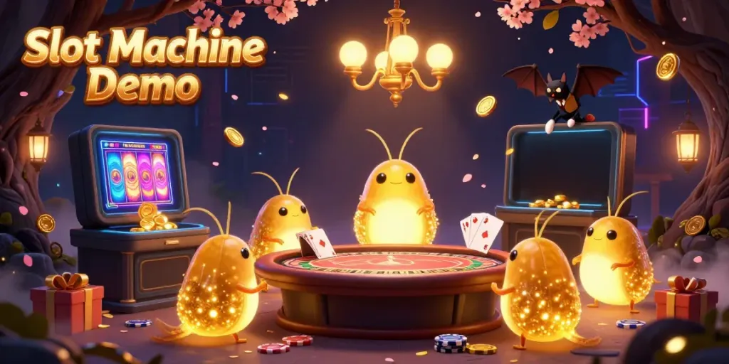 Experience the Slot Machine Demo with vibrant glowworms illuminating a lively casino scene.