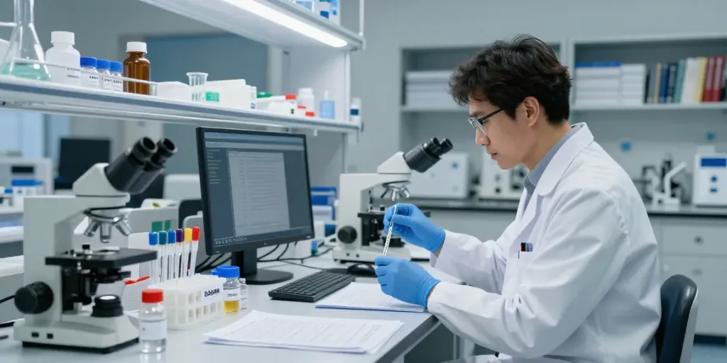 Researcher exploring SwissChems peptides in a vibrant lab environment.