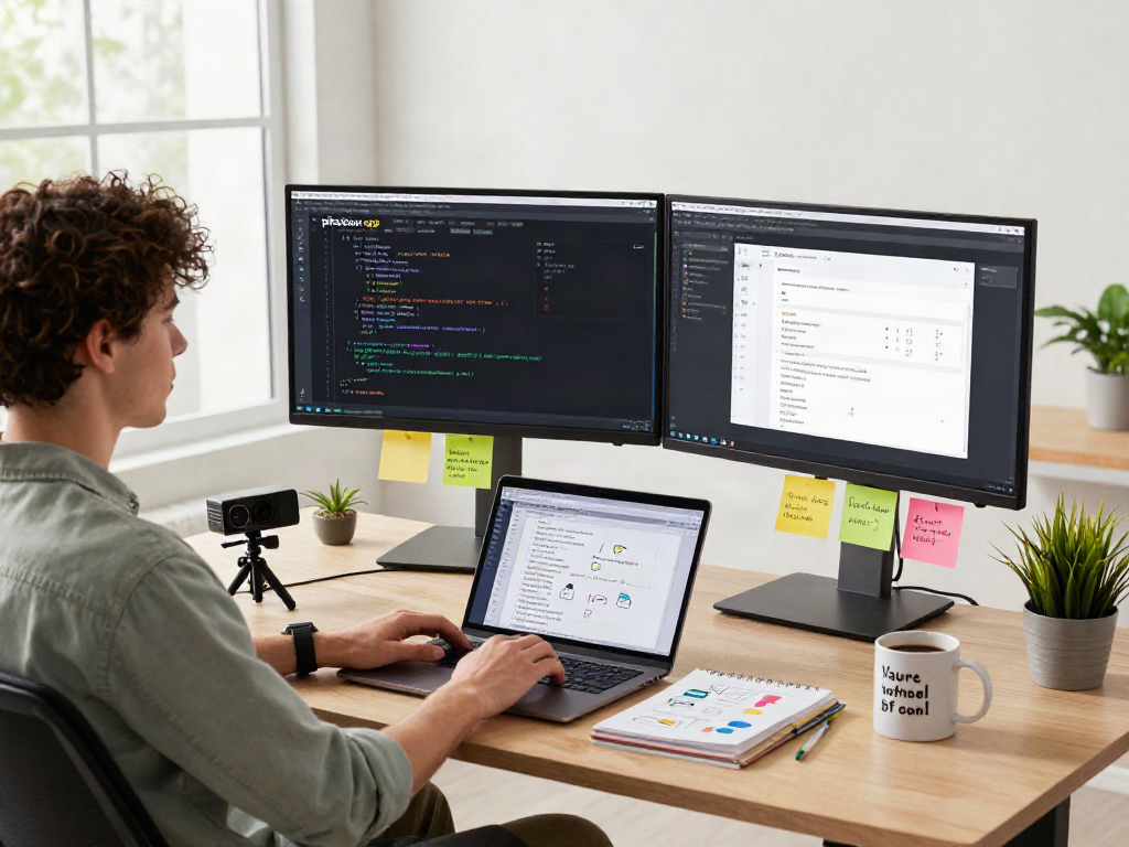 Developer showcasing the pikashow apk on dual monitors in a modern workspace.