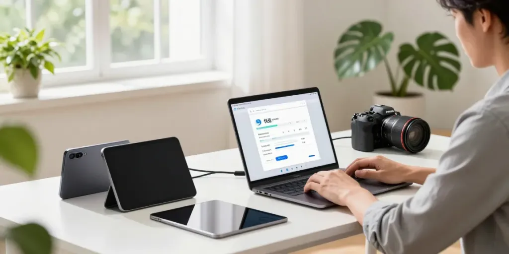 Professional using 快连 to enhance internet connectivity in a bright home office.