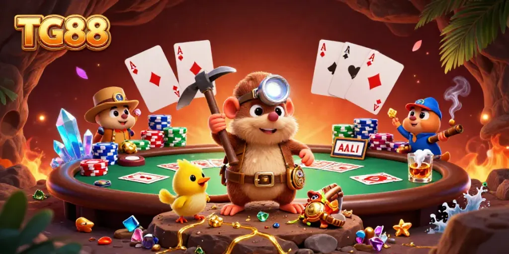 Engage in thrilling wins at TG88 with a dynamic treasure hunt scene filled with poker excitement.
