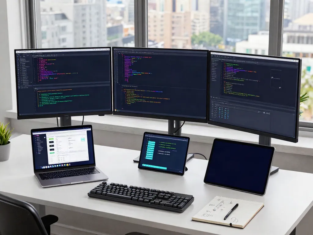 Developer coding in a modern workspace, click for source displayed on monitors.