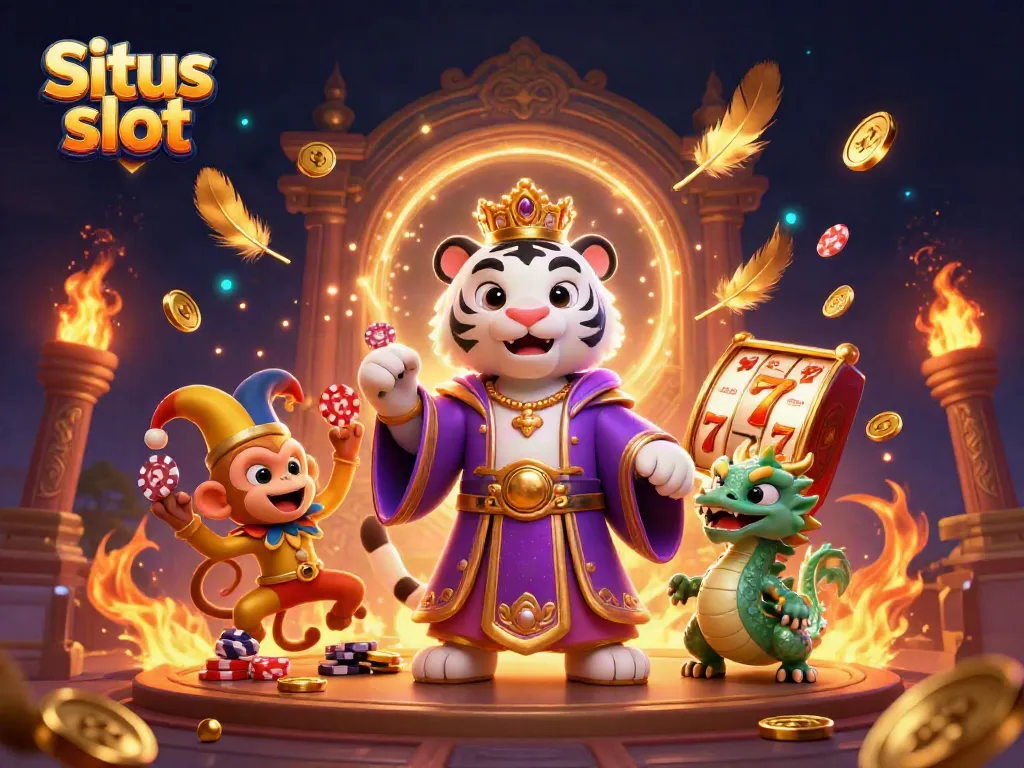 Situs slot illustration featuring a royal tiger, jester monkey, and a jade dragon amidst a casino backdrop.