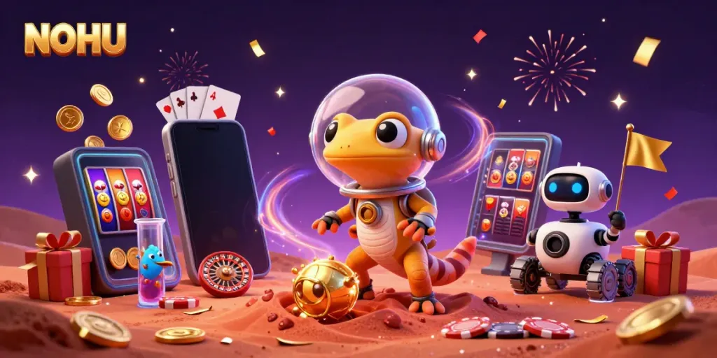Engage in thrilling gameplay at NOHU with a vibrant 3D illustration showcasing a Martian gecko and exciting casino elements.