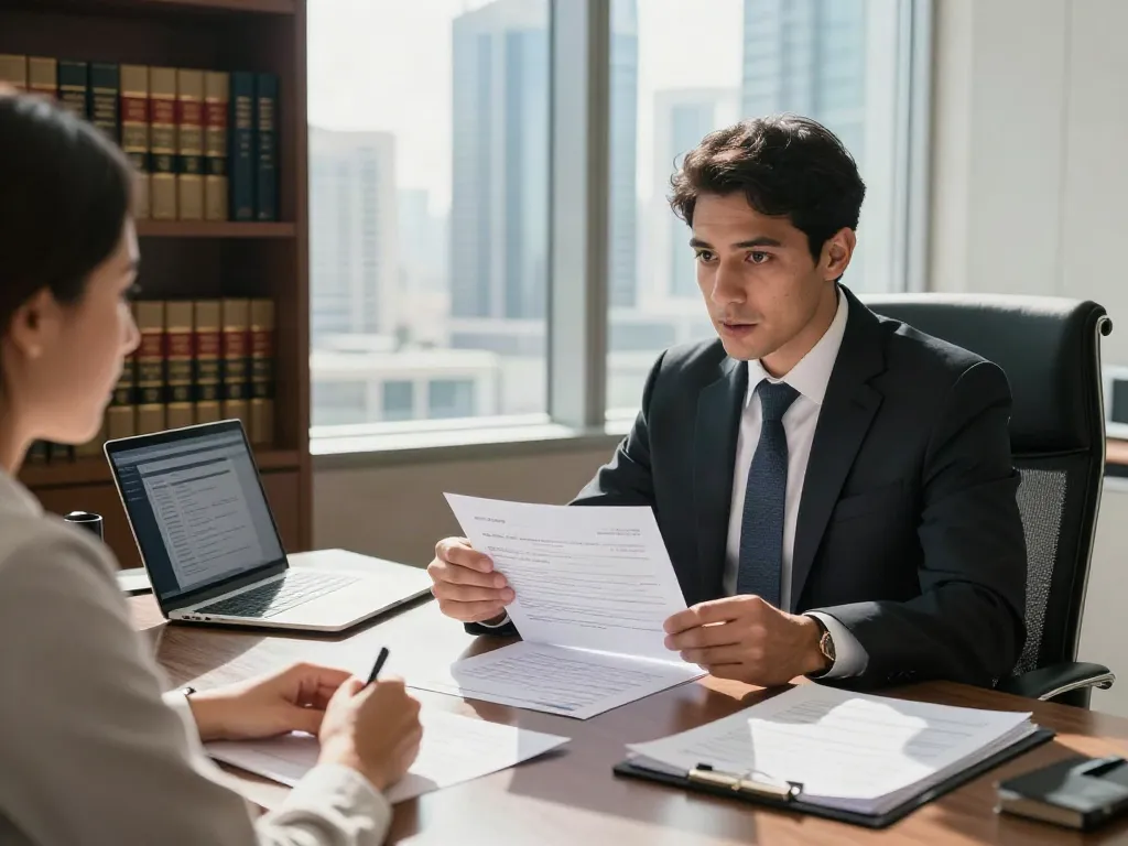 Cheque Bounce Lawyer Dubai consulting with a client in a professional office setting