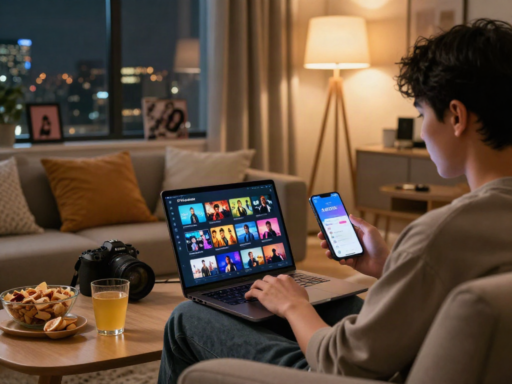 Pikashow digital streaming interface in a cozy living room setting.