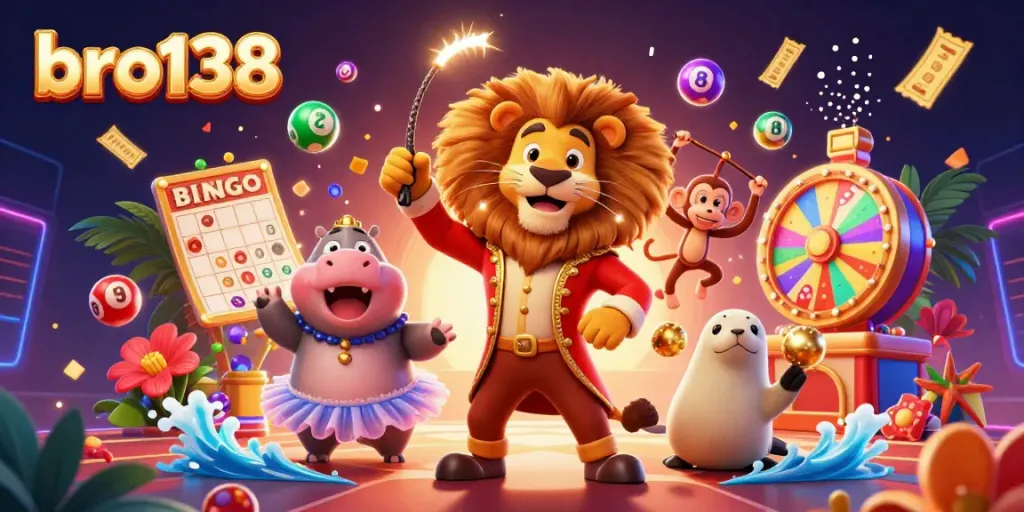 Experience the vibrant thrill of bro138 with carnival characters and lively casino elements.