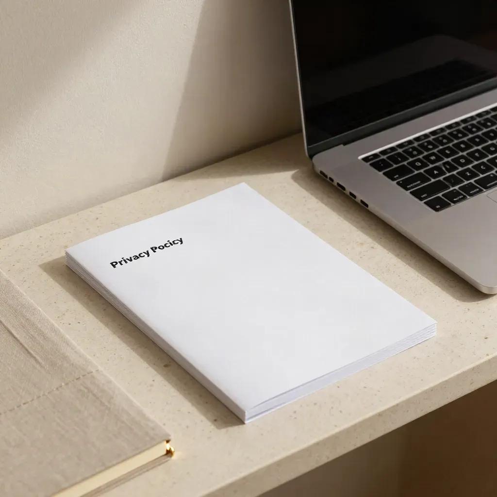Privacy policy packet beside a closed laptop in a warm office corner