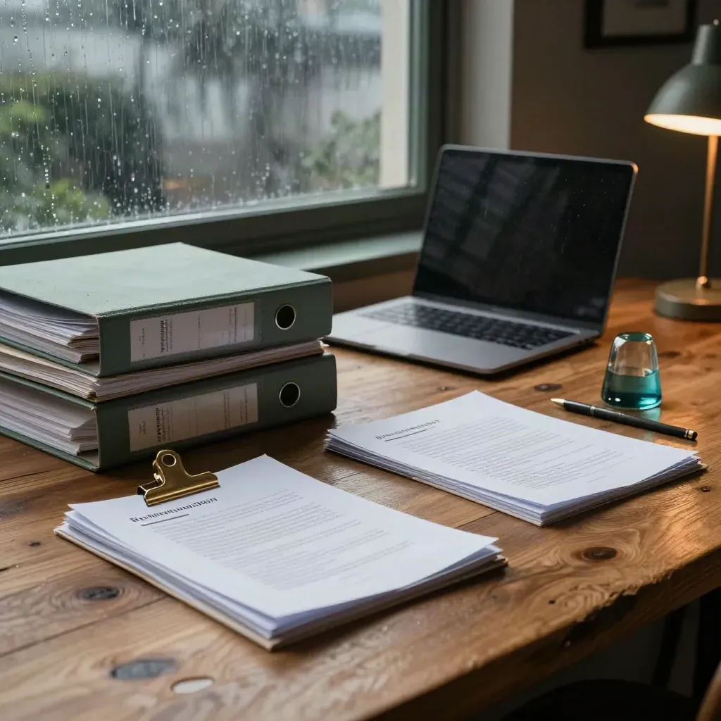 Rain-darkened privacy workspace with laptop, binders, policy packet and teal glass weight by a storm window.