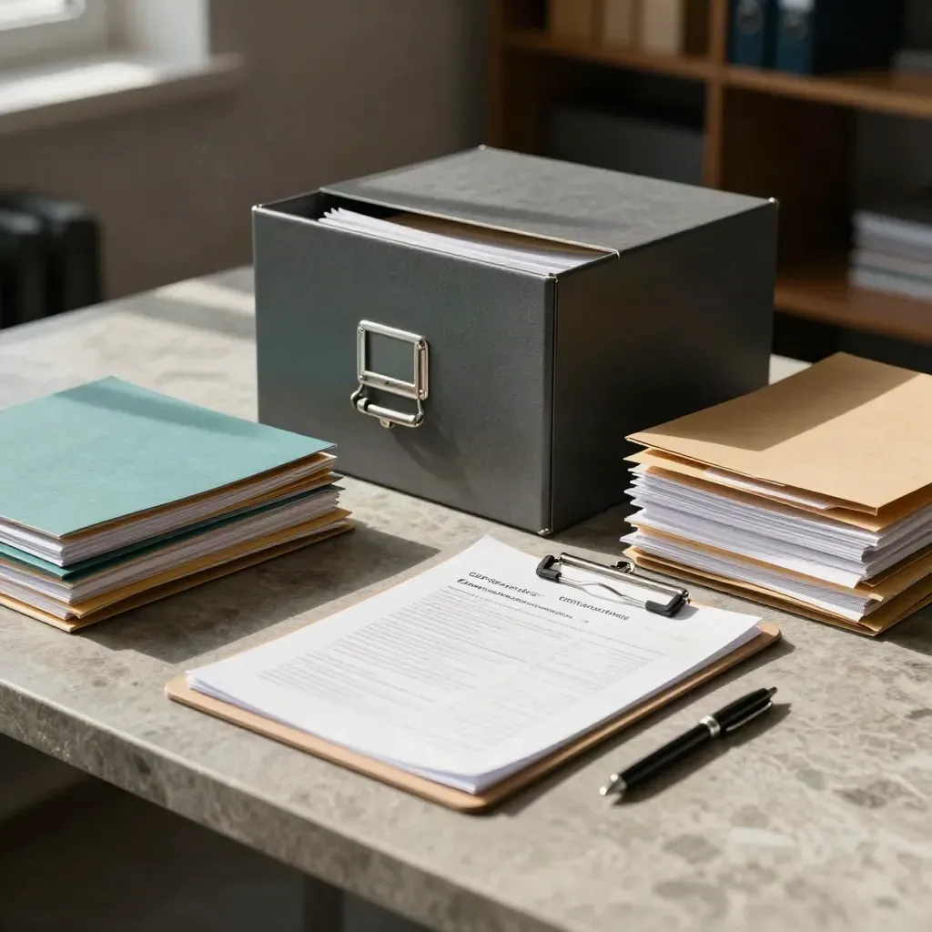 Close-up of a GDPR audit spread with folders, archive box and separated file piles on a stone worktop.
