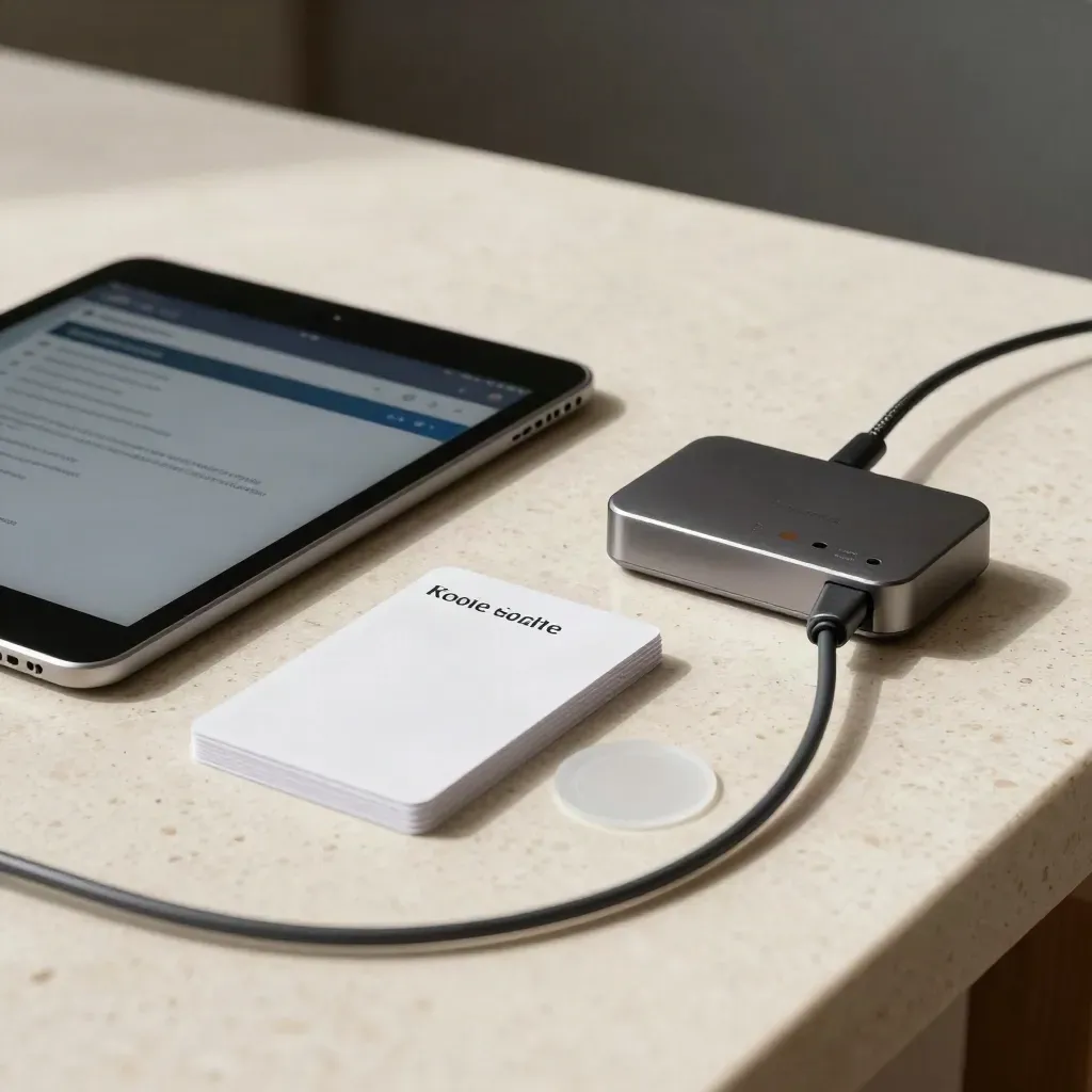 Dark tablet, settings cards, privacy seal and cable dock on travertine in moody light