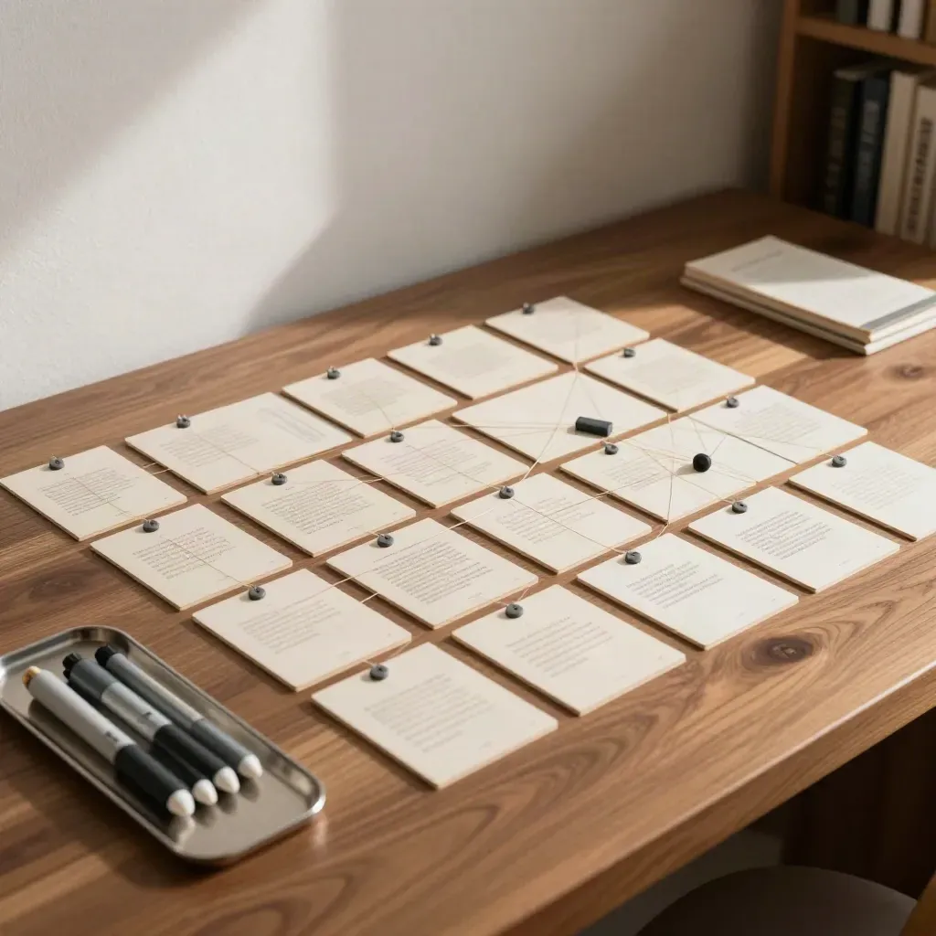 Physical data map with pinned cards, string lines, and steel tray on warm walnut