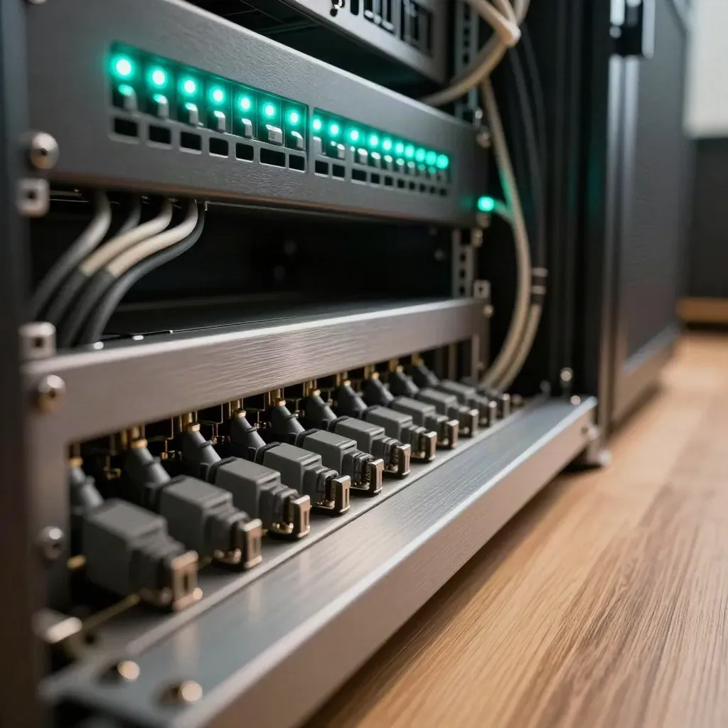 Close-up of a secure server rack with glowing status lights and finished cable runs
