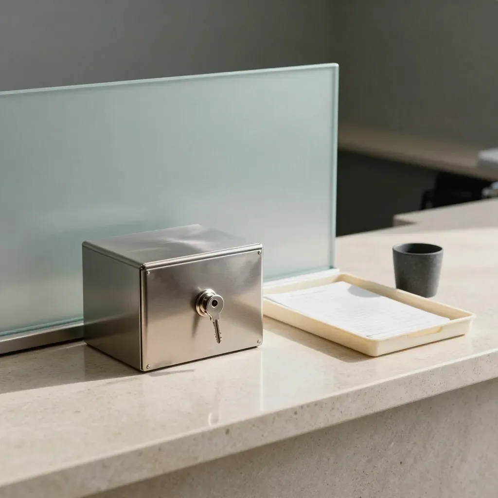 Clinic reception with locked document box, frosted privacy screen, and sealed trays.
