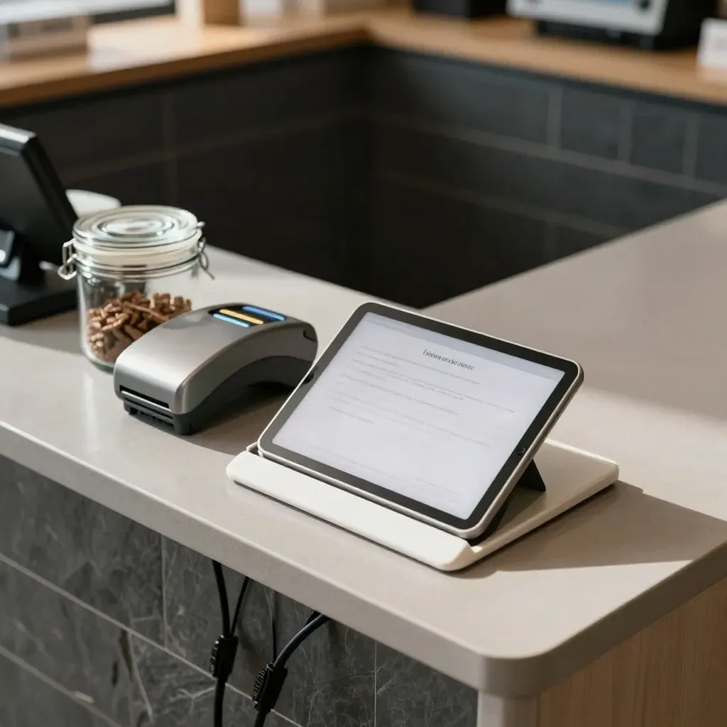 Checkout corner with consent tablet, card reader, sealed cookie jar, and tidy cables in moody light