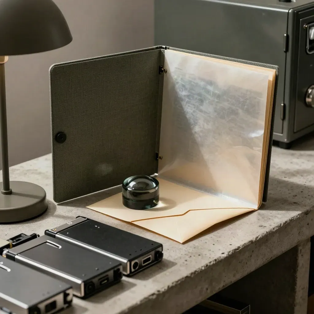 DPIA risk folder, sealed evidence envelope, glass paperweight and storage drives in a smoky archive