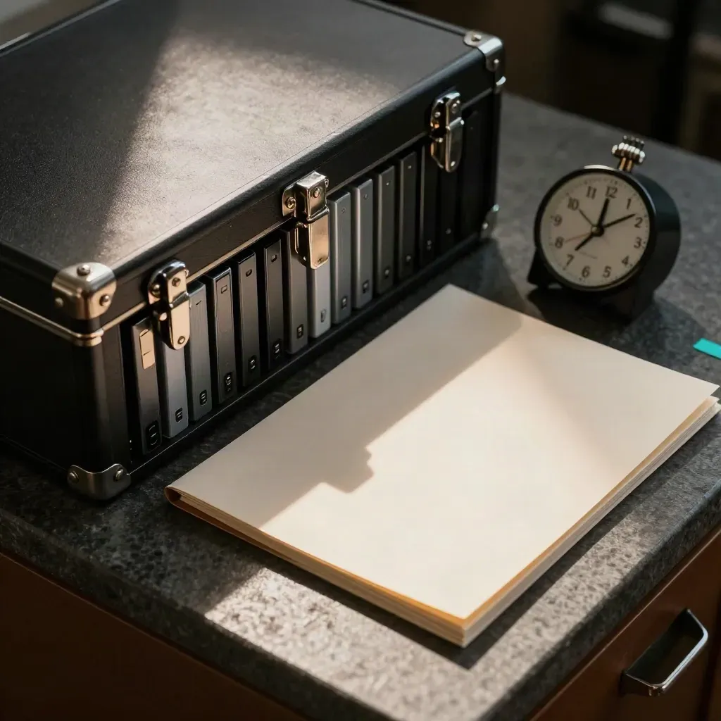 Incident box, backup drives, contact folder and timer on a dark stone surface.