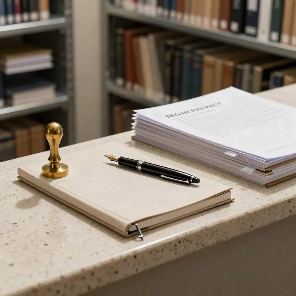 Privacy toolkit on travertine: brass seal, notebook, page flags, pen, and blank policy binders.