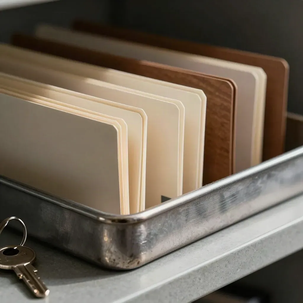 Macro audit tools on a brushed metal tray with color tabs and clipped folder corners