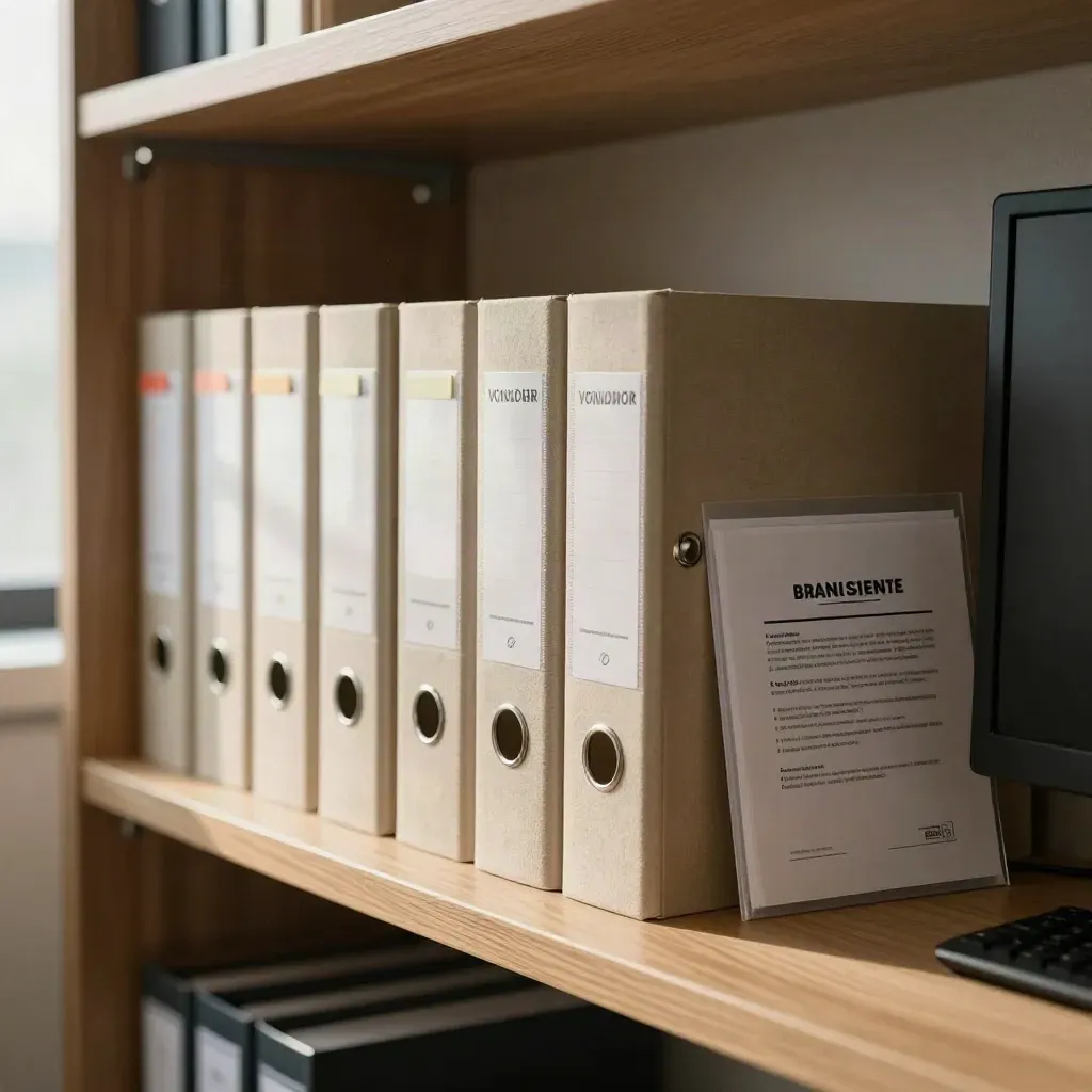 Legal binders and breach-response packet on a quiet office shelf in warm afternoon light.